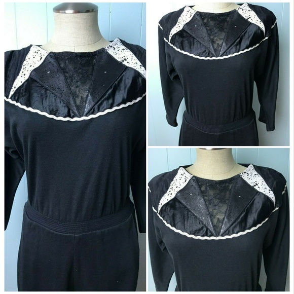 Vintage 90s Jumpsuit Romper Satin Trim Leather Lace M - Picture 3 of 3